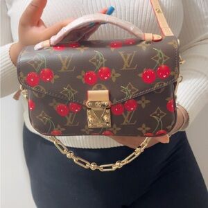 Designer Cherry Print Mini Bag in Brown and Gold